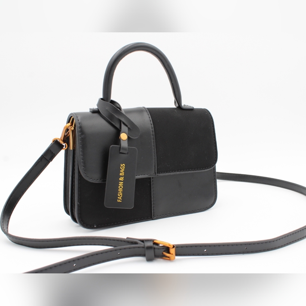Black Faux Leather & Microsuede 2-Way Crossbody Bag with Gold Hardware